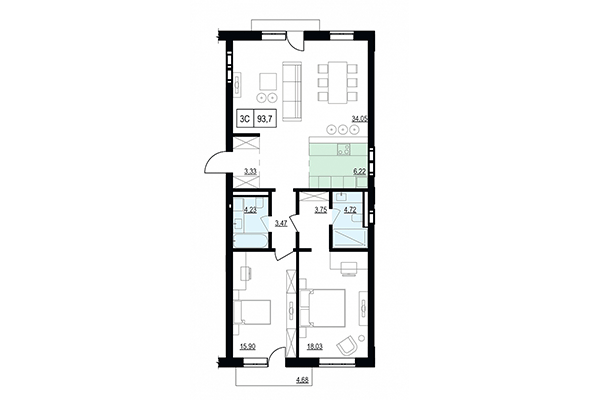 3-комнатная квартира 93,70 м² в ЖК Жуковка. Планировка