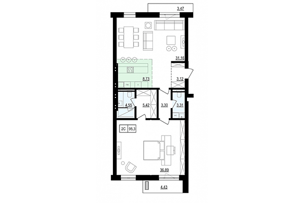 2-комнатная квартира 95,30 м² в ЖК Жуковка. Планировка