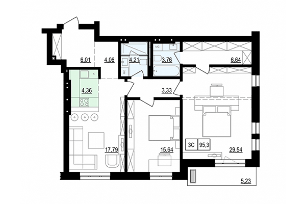 3-комнатная квартира 95,31 м² в ЖК Жуковка. Планировка