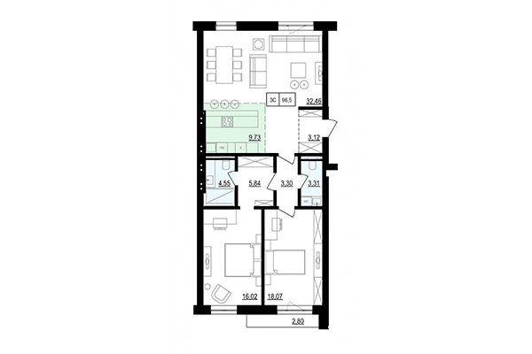 3-комнатная квартира 96,05 м² в ЖК Жуковка. Планировка