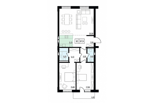 3-комнатная квартира 97,90 м² в ЖК Жуковка. Планировка