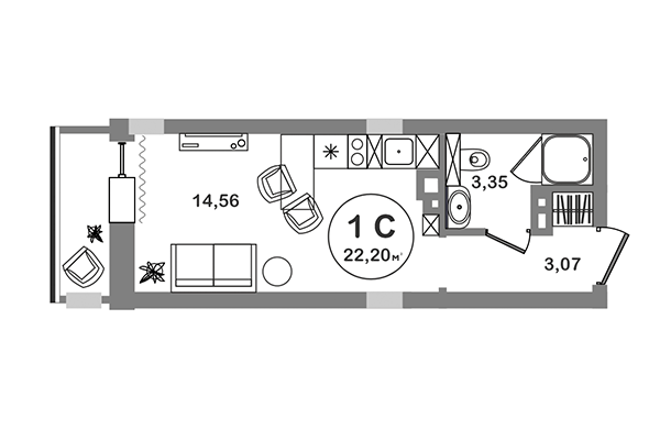 Студия 22,20 м² в ЖК Геометрия. Планировка