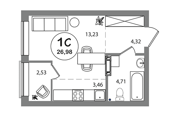 Студия 26,98 м² в ЖК Геометрия. Планировка