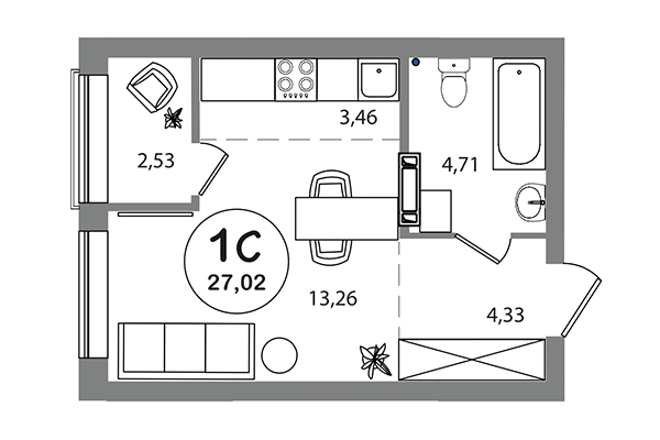 Студия 27,02 м² в ЖК Геометрия. Планировка