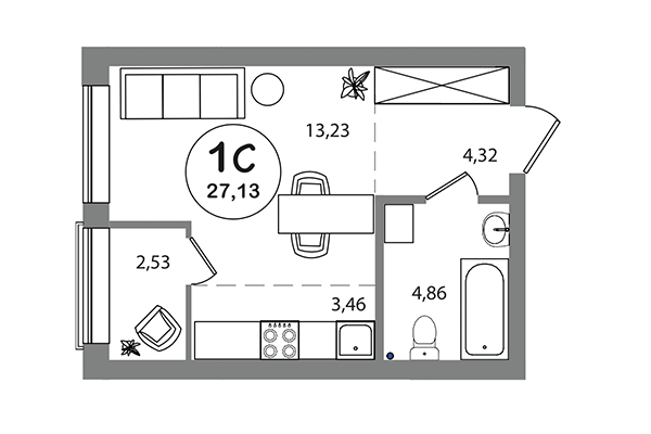 Студия 27,13 м² в ЖК Геометрия. Планировка