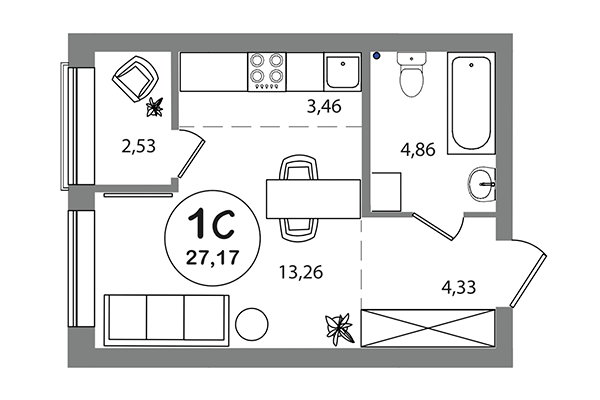 Студия 27,17 м² в ЖК Геометрия. Планировка