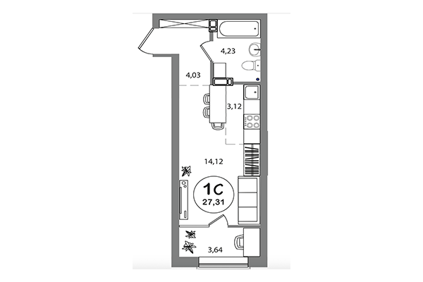 Студия 27,31 м² в ЖК Геометрия. Планировка