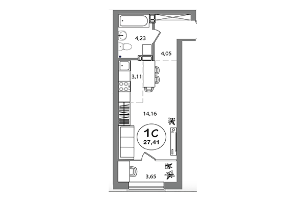 Студия 27,41 м² в ЖК Геометрия. Планировка