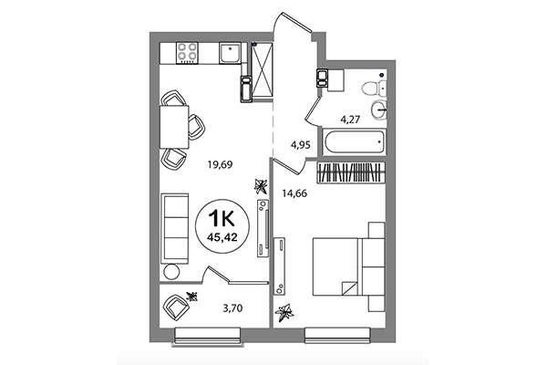 1-комнатная квартира 45,42 м² в ЖК Геометрия. Планировка