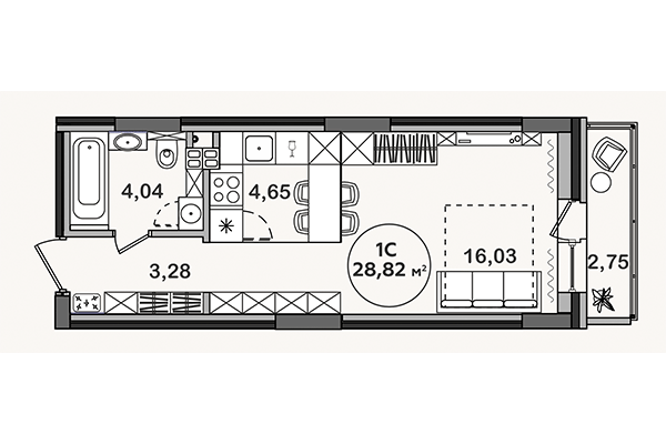 Студия 28,82 м² в ЖК Сандэй. Планировка