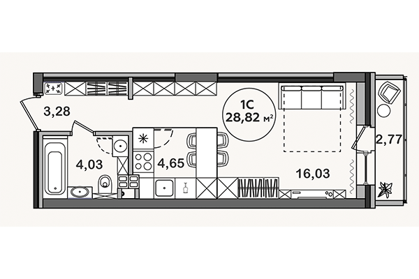 Студия 28,83 м² в ЖК Сандэй. Планировка