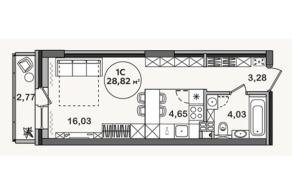 Студия 28,84 м² в ЖК Сандэй. Планировка