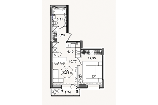 1-комнатная квартира 37,38 м² в ЖК Сандэй. Планировка