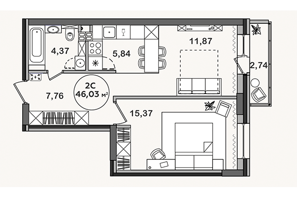 2-комнатная квартира 46,03 м² в ЖК Сандэй. Планировка