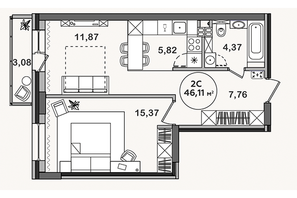 3-комнатная квартира 46,11 м² в ЖК Сандэй. Планировка