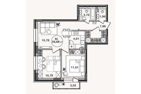 3-комнатная квартира 56,68 м² в ЖК Сандэй. Планировка