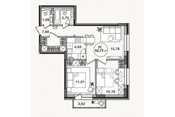 3-комнатная квартира 56,73 м² в ЖК Сандэй. Планировка