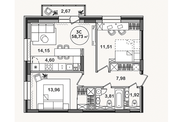 3-комнатная квартира 58,73 м² в ЖК Сандэй. Планировка