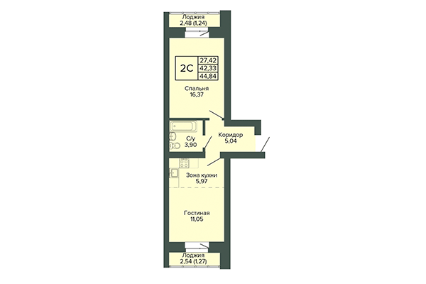 2-комнатная квартира 44,84 м² в ЖК Малахит. Планировка