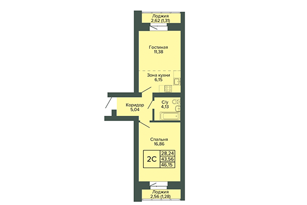 2-комнатная квартира 46,15 м² в ЖК Малахит. Планировка