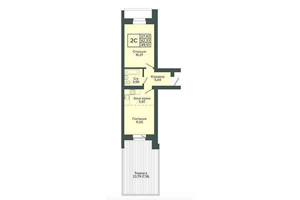 2-комнатная квартира 49,51 м² в ЖК Малахит. Планировка