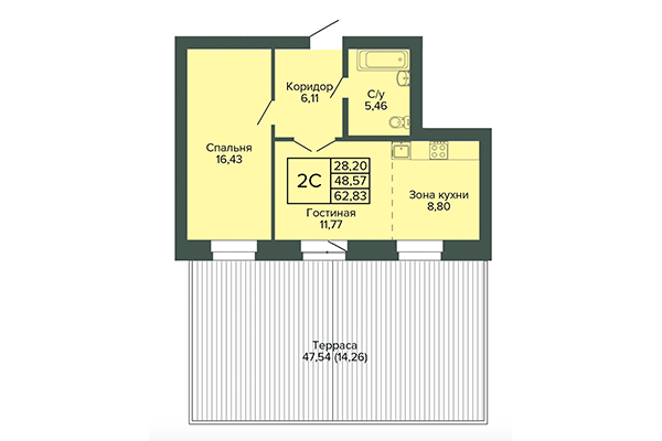 2-комнатная квартира 62,83 м² в ЖК Малахит. Планировка