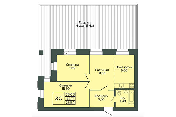 3-комнатная квартира 75,54 м² в ЖК Малахит. Планировка