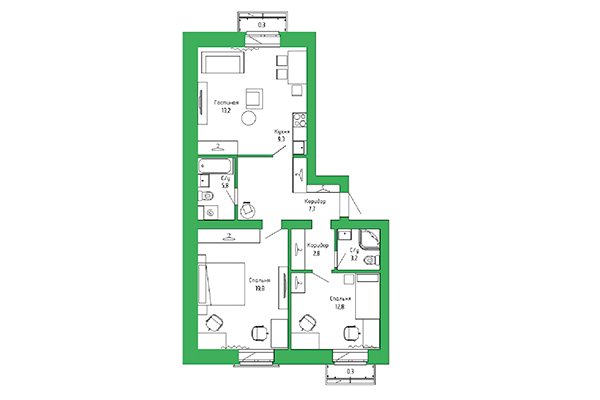 3-комнатная квартира 76,00 м² в ЖК Малахит. Планировка