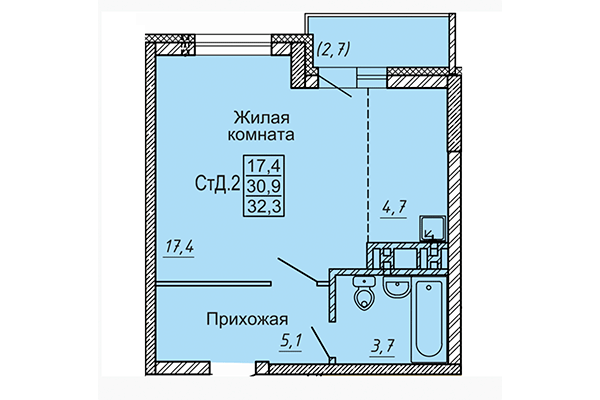 Студия 32,03 м² в ЖК Матрешки 2.0. Планировка