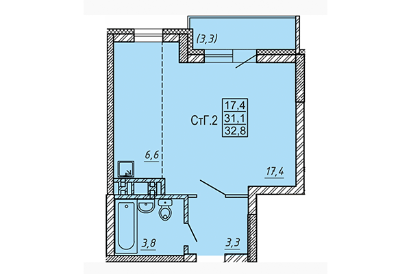 Студия 32,08 м² в ЖК Матрешки 2.0. Планировка