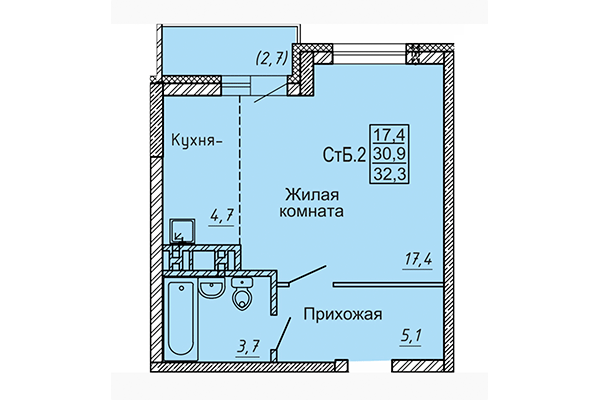 Студия 32,30 м² в ЖК Матрешки 2.0. Планировка