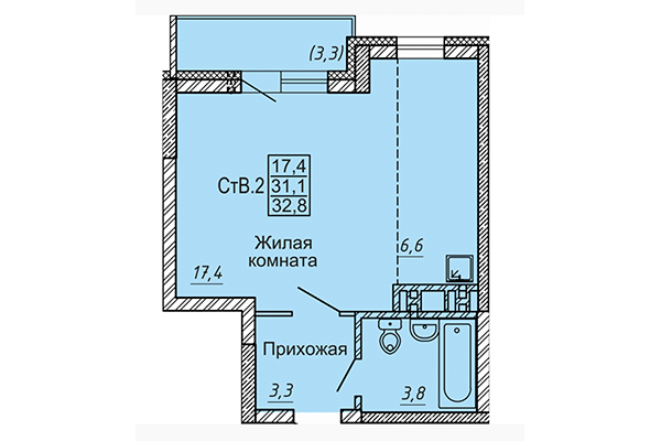 Студия 32,80 м² в ЖК Матрешки 2.0. Планировка