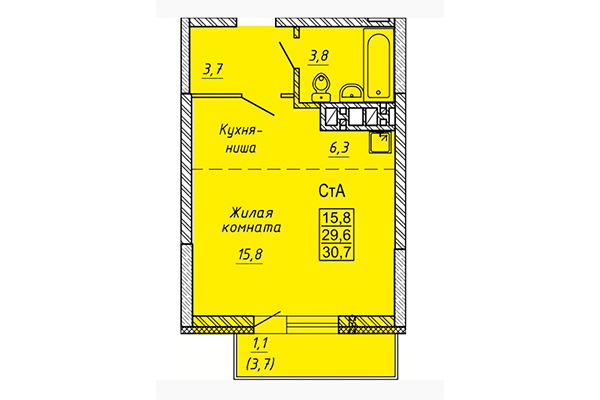 Студия 30,70 м² в ЖК Матрешкин двор. Планировка