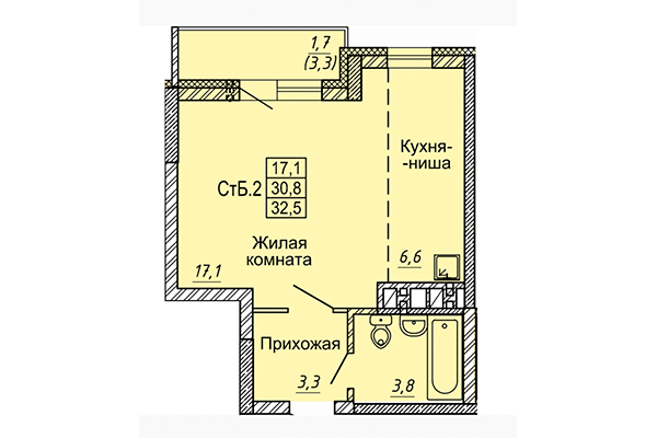 Студия 32,50 м² в ЖК Матрешкин двор. Планировка