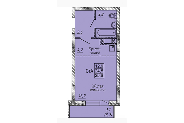 Студия 25,60 м² в ЖК Новые Матрешки. Планировка