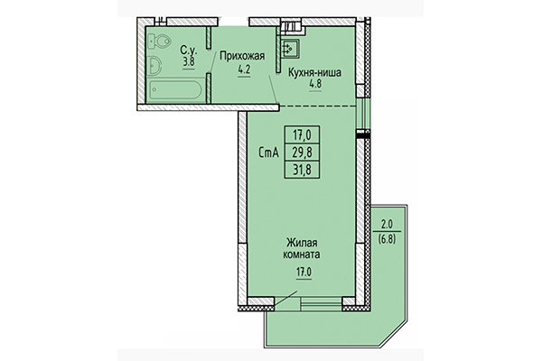 Студия 31,80 м² в ЖК Новые Матрешки. Планировка