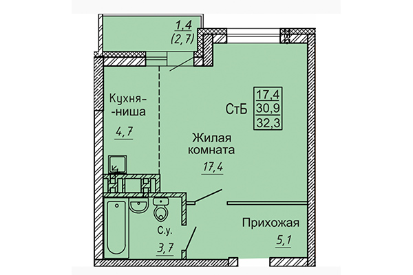 Студия 32,03 м² в ЖК Новые Матрешки. Планировка