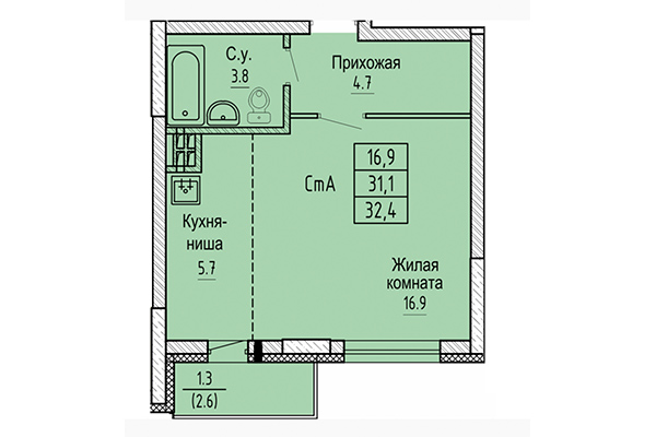 Студия 32,04 м² в ЖК Новые Матрешки. Планировка