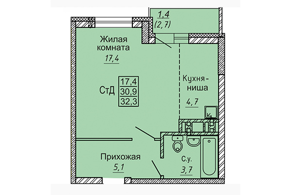 Студия 32,30 м² в ЖК Новые Матрешки. Планировка