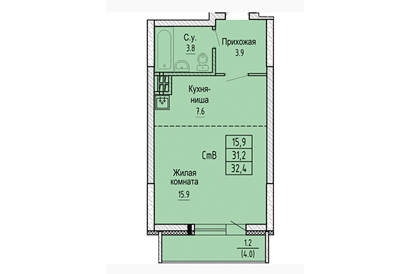 Студия 32,40 м² в ЖК Новые Матрешки. Планировка