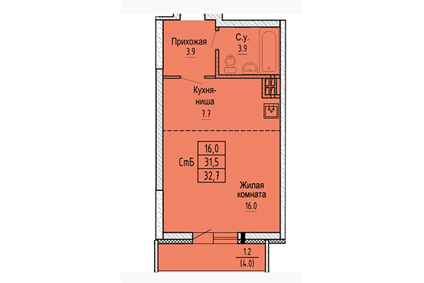 Студия 32,70 м² в ЖК Новые Матрешки. Планировка