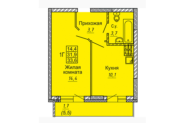 1-комнатная квартира 33,60 м² в ЖК Новые Матрешки. Планировка