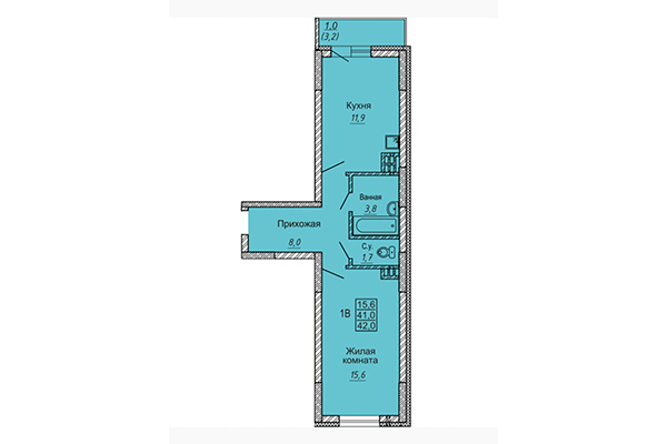 1-комнатная квартира 42,00 м² в ЖК Новые Матрешки. Планировка