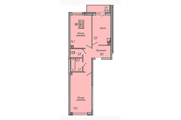 2-комнатная квартира 57,60 м² в ЖК Новые Матрешки. Планировка