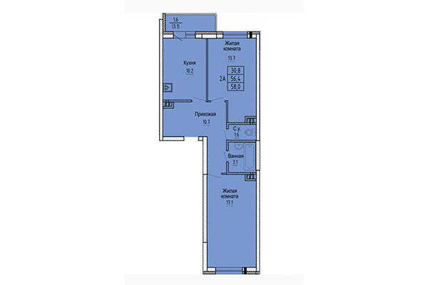 2-комнатная квартира 58,00 м² в ЖК Новые Матрешки. Планировка