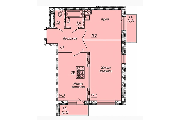 2-комнатная квартира 58,30 м² в ЖК Новые Матрешки. Планировка