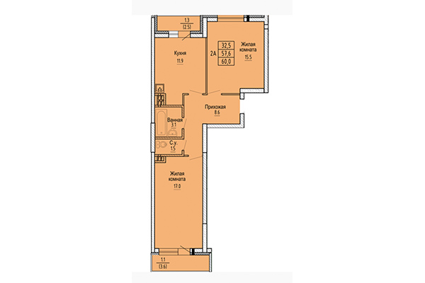 2-комнатная квартира 60,00 м² в ЖК Новые Матрешки. Планировка