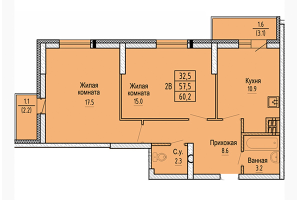 2-комнатная квартира 60,20 м² в ЖК Новые Матрешки. Планировка