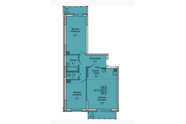 3-комнатная квартира 69,50 м² в ЖК Новые Матрешки. Планировка